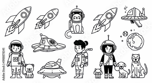 Cute Space Adventure Collection with Astronauts Cats and Rockets.