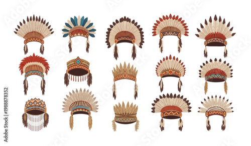 Collection of Native American headdresses on display.
