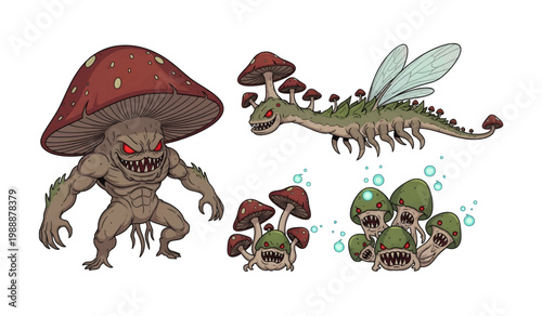 Collection of Fantasy creatures with mushroom heads.