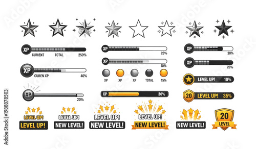 Collection of gaming level up icons.