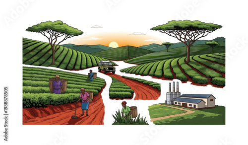 Collection of Tea plantation workers in green fields.