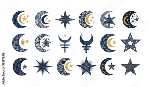 Collection of moon and star symbols.