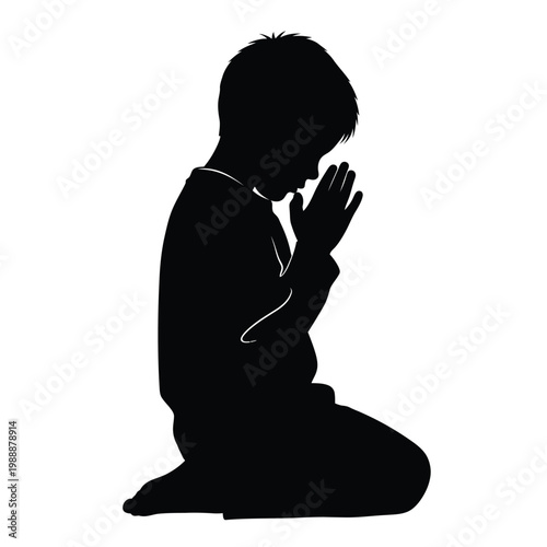 A silhouette of a child kneeling and praying with hands clasped together.