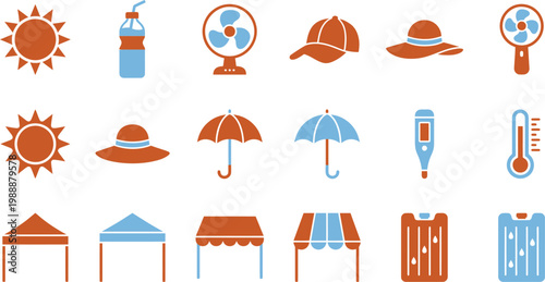 Summer heat safety icons including sun, hats, fans, and hydration