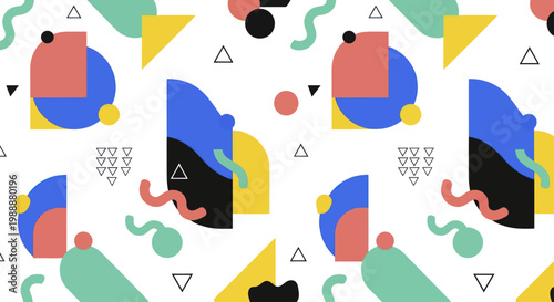 Abstract Memphis style seamless pattern with colorful geometric shapes.
