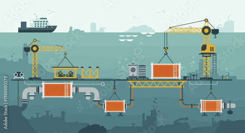 Complex Industrial Logistics System with Cranes and Containers.