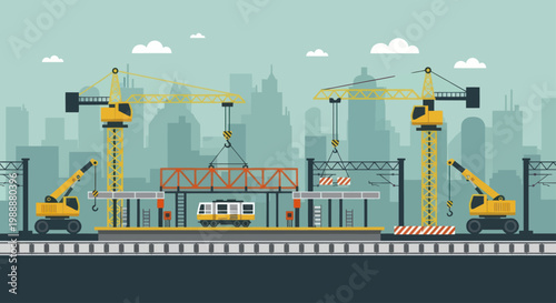 Construction of a modern elevated train station with cranes and machinery.