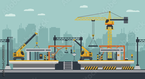 Construction site with cranes and trains under development.