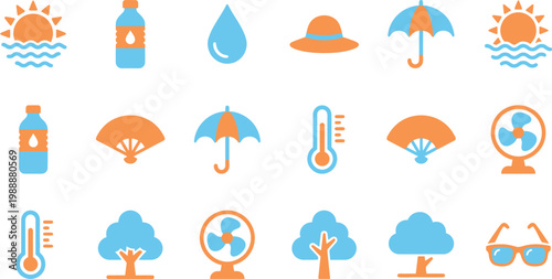 Summer weather icons for heat, sun protection, and hydration