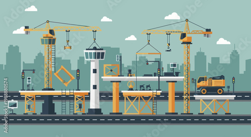 Construction site with cranes and various building structures.