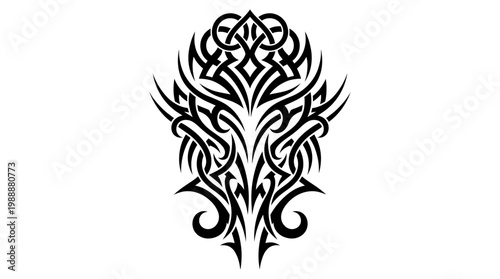 Intricate black tribal tattoo design with symmetrical mirrored curves and ornamental motifs.