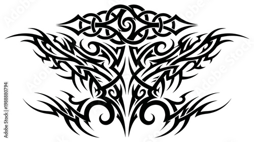 Intricate black tribal tattoo design featuring symmetrical ornamental motifs and wings.