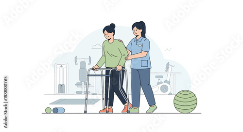 Physical therapist assisting patient with walker in rehabilitation center