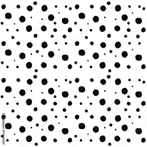 Black and white polka dot seamless pattern with scattered random dots on clean white background. Minimal abstract monochrome texture ideal for fabric prints, wrapping paper, wallpaper, fashion design.