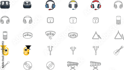 29 Vector Icon Set Bundle with Editable Stroke: Music Instruments, Smart Home Tech, Gaming Headsets, and Audio Gear. Minimalist Black Line Outline Illustrations for UI, Web, and Graphic Design.