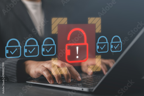 Bild auf Leinwand Hacker exploiting network vulnerabilities and misconfigurations to gain unauthorized access, featuring unlocked padlock icons and laptop, representing cybersecurity breaches and hacking threats