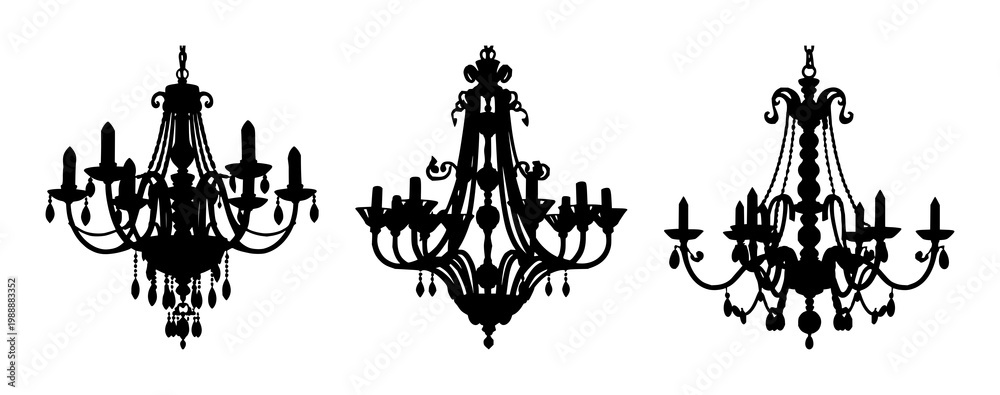 Fototapeta premium Black silhouette, white background: chandelier set with simple line art design featuring outline, illustration, graphic elements with clean design and vector art