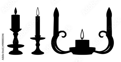 Candle holder set with black silhouette against white background featuring candle, holder, decor with illumination and antique
