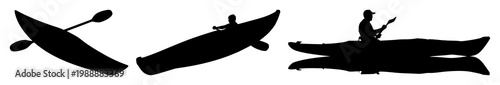 Kayak set with black silhouette on white background featuring single human powered watercraft, canoeing, recreational activity with adventure and sports
