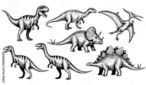 Hand drawn dinosaur sketch vector set detailed prehistoric animals vintage style illustration isolated on white background