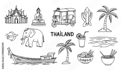 Thailand travel hand drawn sketch vector detailed Thai culture landmarks illustration isolated on white background