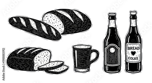 Hand-drawn illustration of various bread loaves, bottles, and a mug.