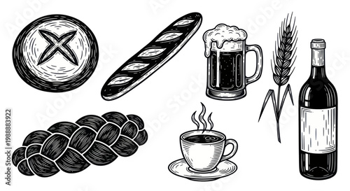 Hand-drawn illustration of various food and drink items including bread, beer, coffee, and wine.