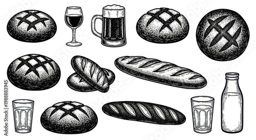 Hand-drawn sketch of various bread types, drinks, and milk bottles.