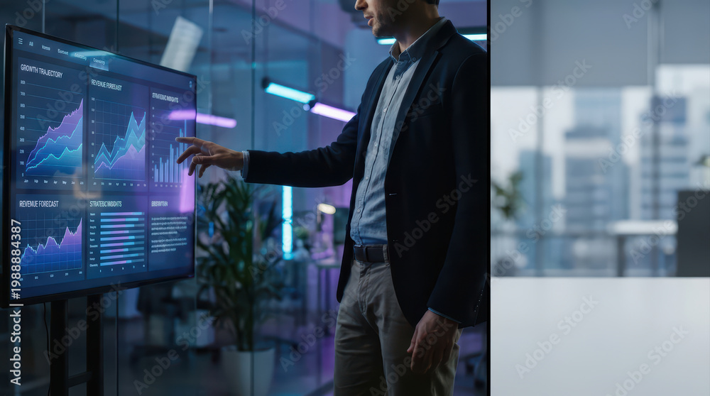 Fototapeta premium Businessman analyzing data digital screen growth trajectory revenue forecast strategic insights office environment technology touchscreen interaction modern workplace financial analysis