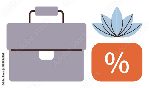 Business, finance, wellness, discounts, shopping, holistic lifestyle. Purple briefcase, orange percentage box blue leaf. Business and finance intersect with wellness and discounts concept