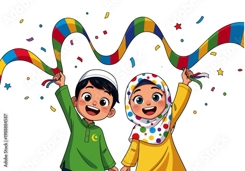 Happy children celebrating with colorful ribbons and confetti in joyful festive atmosphere outdoors
