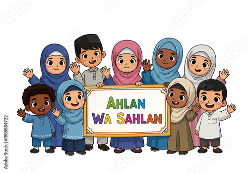 Diverse group of children in traditional attire holding a colorful sign with a friendly greeting message