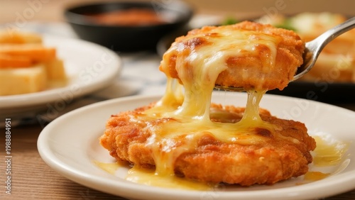 Cheesy breaded chicken cutlets being lifted with a fork, showcasing melted cheese stretch