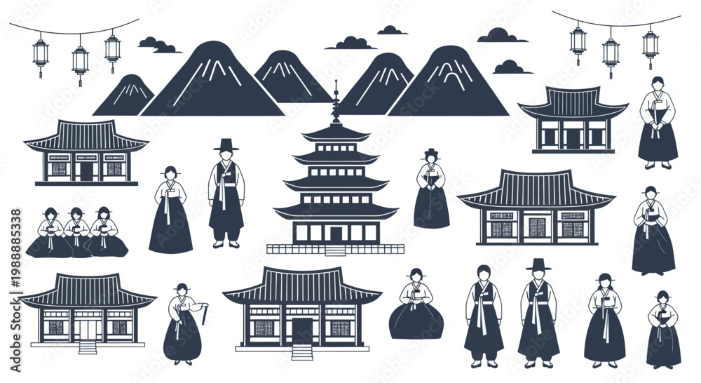 Φωτογραφία Traditional Korean Culture Elements Set with Hanbok and Architecture