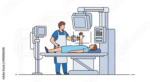 Radiologist performing X-ray scan on patient's arm in modern medical clinic