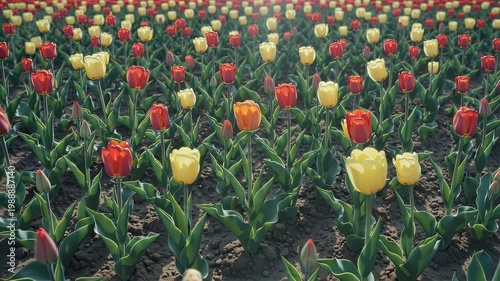 Vibrant red and yellow tulips in a lush garden bed with green leaves