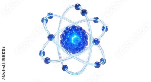 Glowing blue atom with electron orbitals