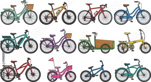 Colorful bicycle collection vector illustration featuring city bikes, kids bikes, cargo and road bicycles in cartoon flat style isolated set