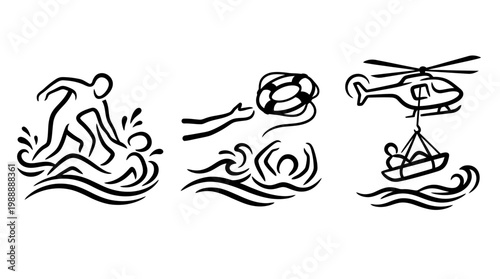 Emergency rescue illustrations depicting life-saving actions and assistance.