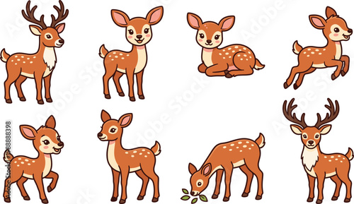 Cute deer cartoon set featuring baby fawns and adult stag, forest wildlife animals in playful poses in colorful flat vector illustration style