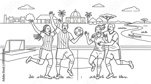 Excited Soccer Players Celebrating a Goal with Joy and Enthusiasm.