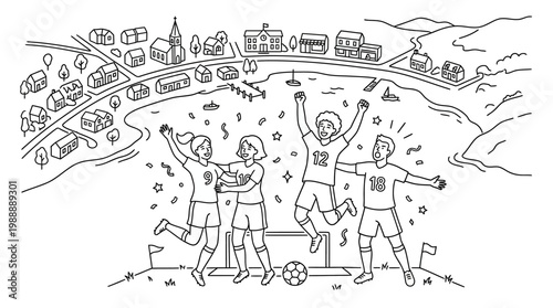 Excited Soccer Team Celebrating Victory with Joyful Expressions and Cheers.