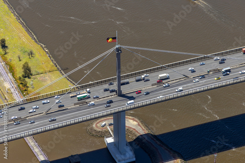 Aerial view of West Gate Bridge over the Yarra River in Port Melbourne, Victoria
