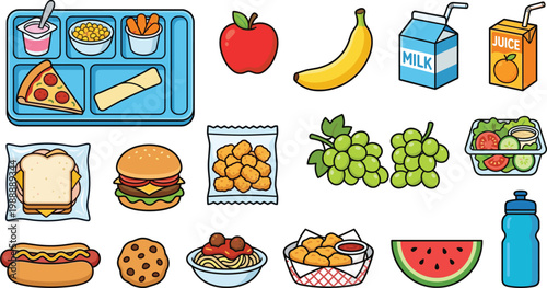 School lunch food cartoon vector collection with snacks, fruits, drinks and meal tray, colorful cafeteria illustration set for kids menu design