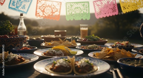 Tacos mexicanos, nachos y guacamole en mesa festiva decorada con papel picado, banquete de Cinco de Mayo al aire libre, celebración cultural vibrante con comida típica tradicional.
