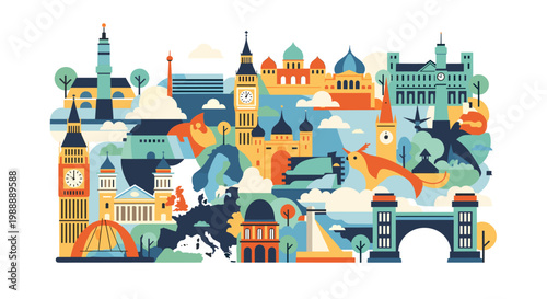 A colorful flat illustration depicting famous European landmarks and travel destinations.