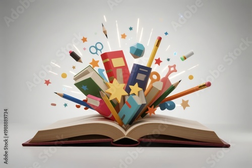 An open book with colorful school supplies and stars bursting out, symbolizing education and creativity.