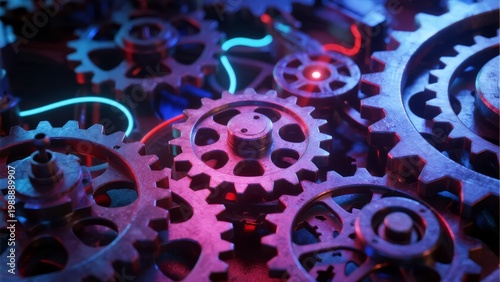 Interlocking mechanical gears illuminated with neon lights in a futuristic industrial setting