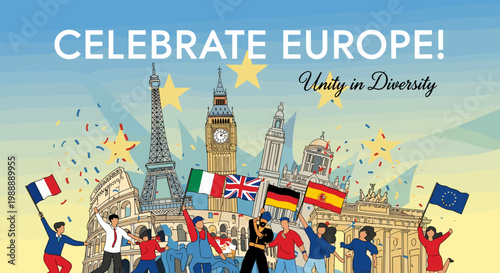 Illustration depicting a vibrant celebration of Europe with iconic landmarks, diverse people holding flags, and confetti, emphasizing unity and diversity.