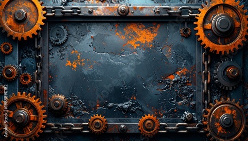 Industrial Machinery Grunge Frame with Vintage Cogwheels and Wrenches